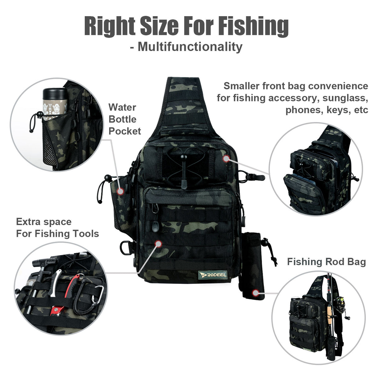 Fishing Backpack Sling Bag - 9L Tactical Shoulder Pack, Water-Resistant, With Rod Holder & MOLLE