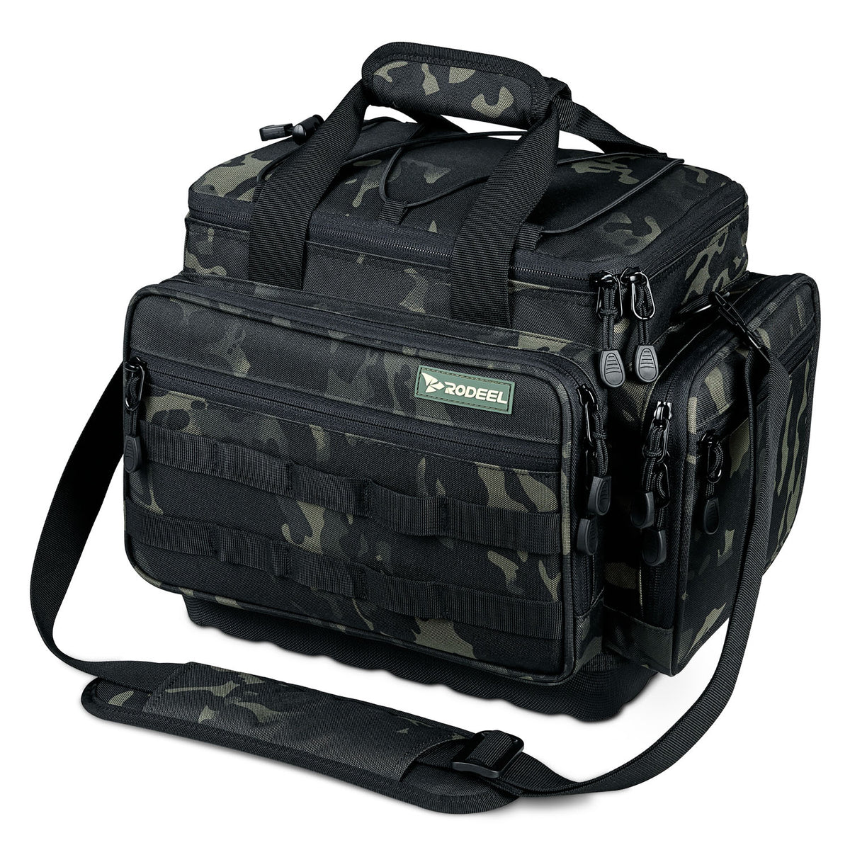 Rodeel Fishing Tackle Backpack 2 Fishing Rod Holders with 4 Tackle Boxes,  Large Storage,Backpack for Trout Fishing Outdoor Sports Camping Hiking  A.Black Camouflag Bag-with 4 Trays