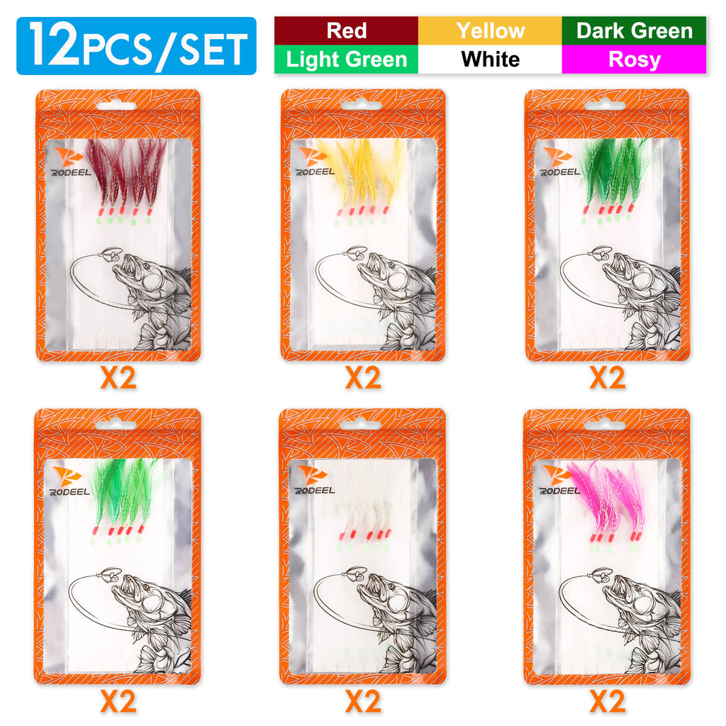  Rodeel 12 Packs/60 Hooks Mackerel Feathers Sea Boat Beach Pier  Lure Fishing Rigs, 5 Hook Positions/Feather Rig，6 Colors Selection Pack :  Sports & Outdoors