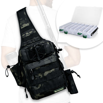 bullet proof tackle bag KastKing BaitSpace Fishing with 4 Tackle Boxes Black Camo / Large(18.9"x13"x14.2") Designed for the angler on the go Pack all your GEAR in