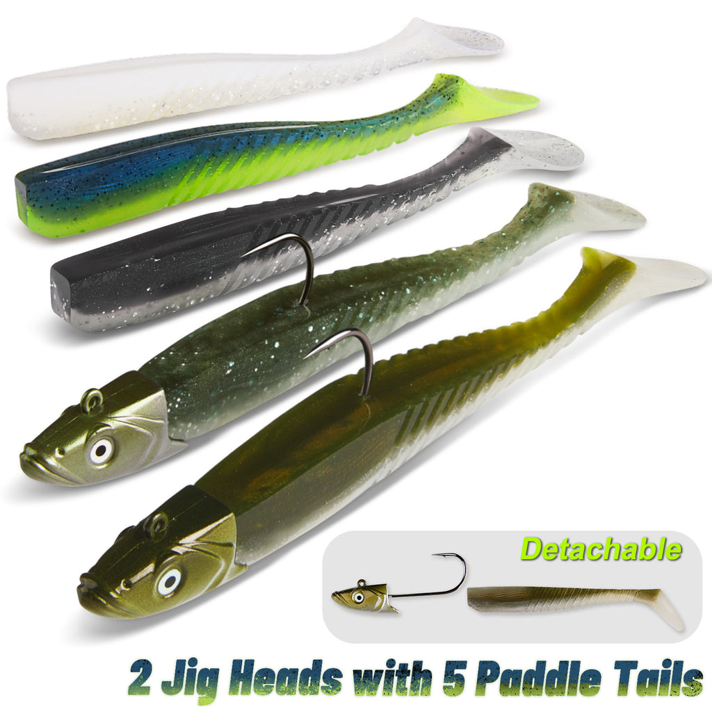 5pcs Lead Jig Head Soft Lure Paddle Tail Sand Eel Fishing Tackle